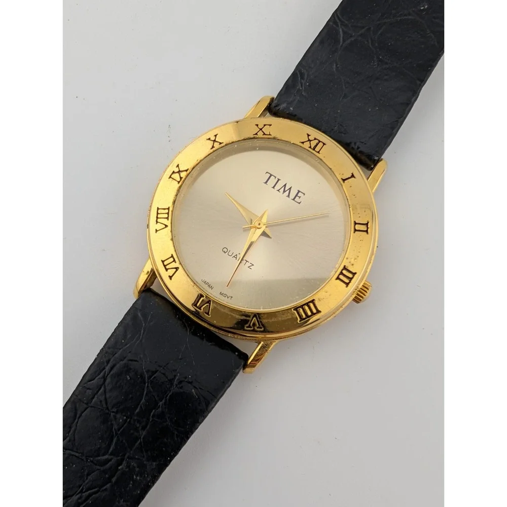 TIME Magazine Watch Men 33mm Gold Case Leather Band-‎ New Battery